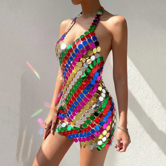Colorful Sequins Stripes Backless Mini Dress - The Rave Cave