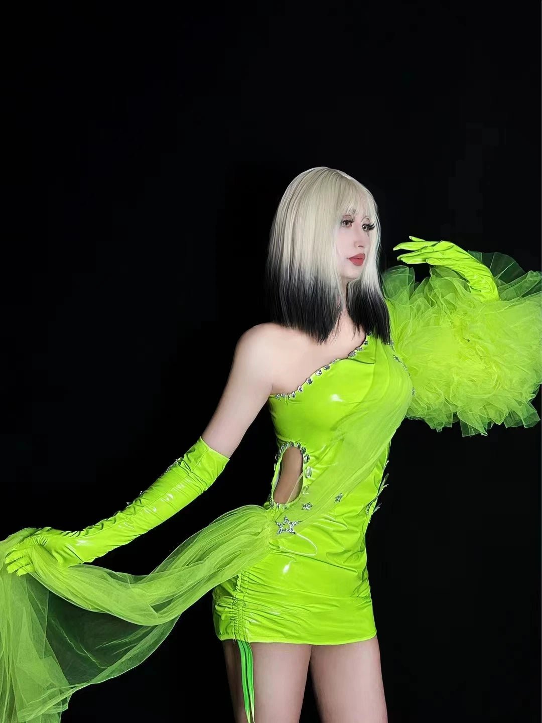 Fluorescent Leather & Rhinestones Dress - The Rave Cave