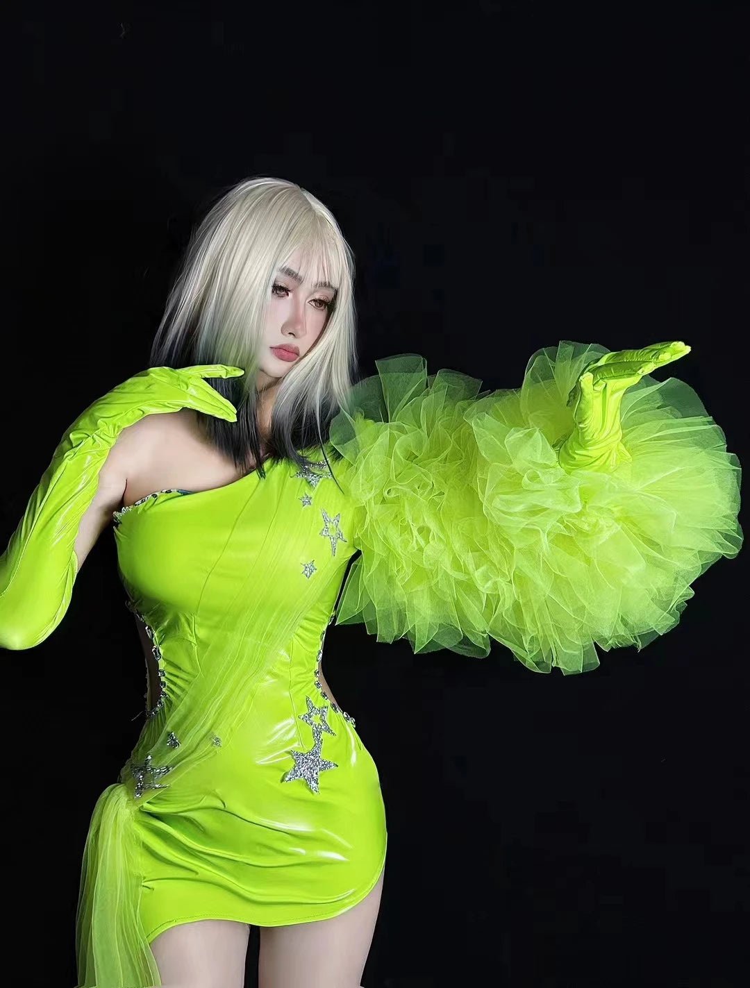 Fluorescent Leather & Rhinestones Dress - The Rave Cave