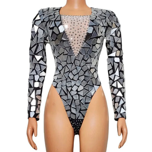 Glitter & Rhinestones Mirrored Bodysuit - The Rave Cave
