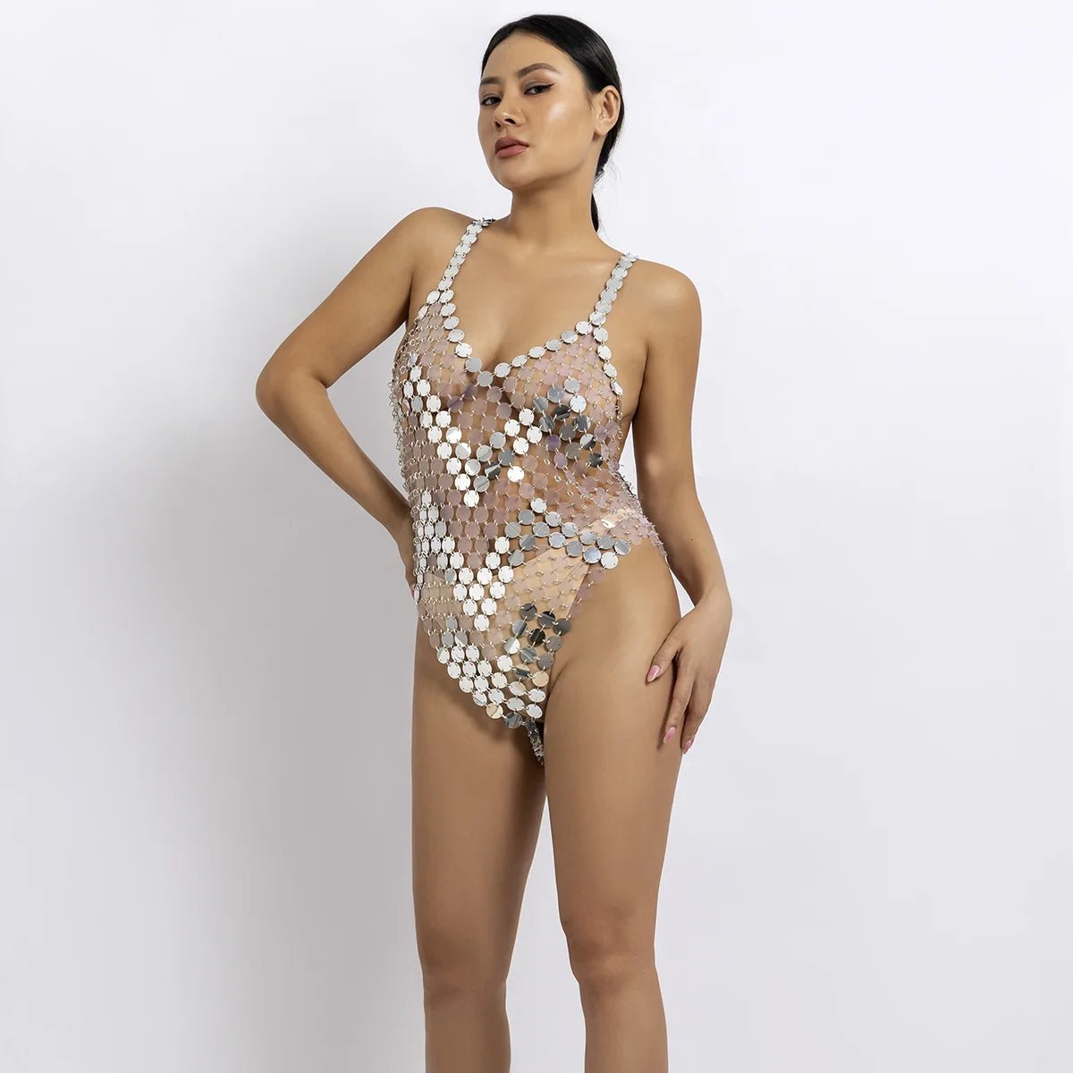 Glitter Sequined Mirror Chain Bodysuit - The Rave Cave