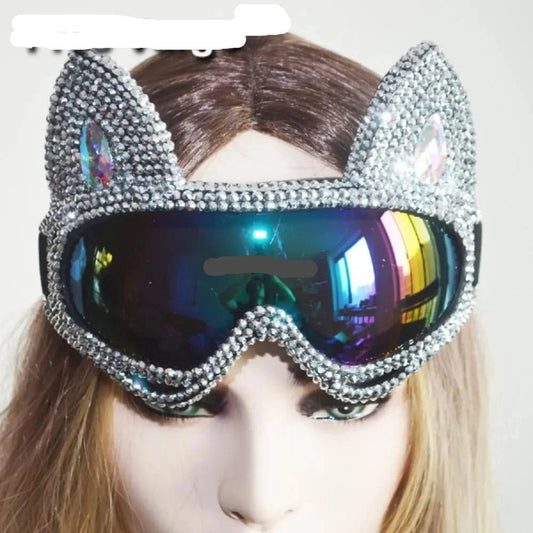 Holographic Rhinestone Cat Goggles - The Rave Cave