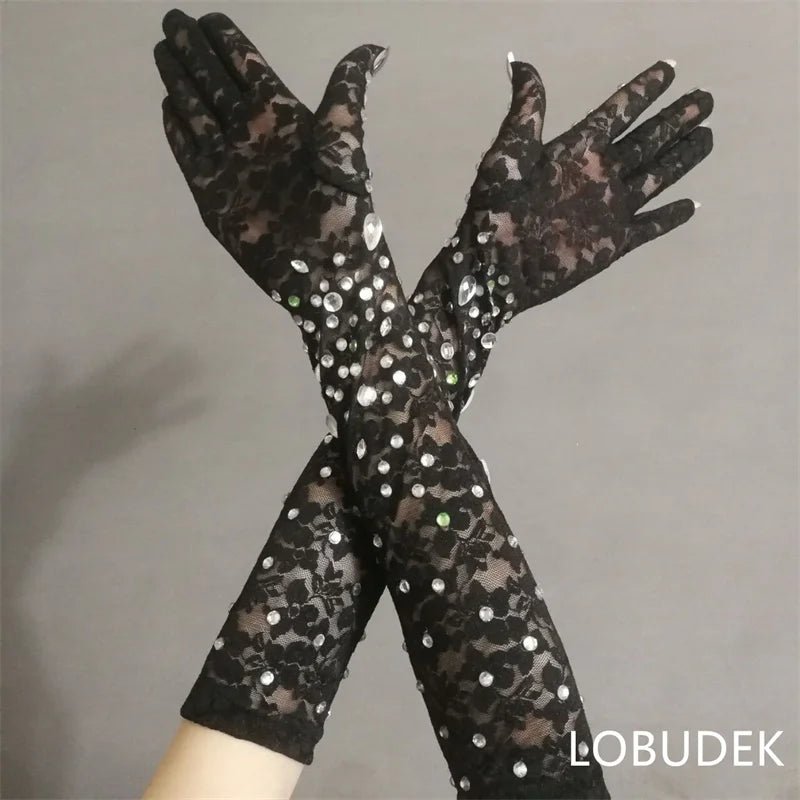 Mesh Lace & Crystals Gloves - The Rave Cave