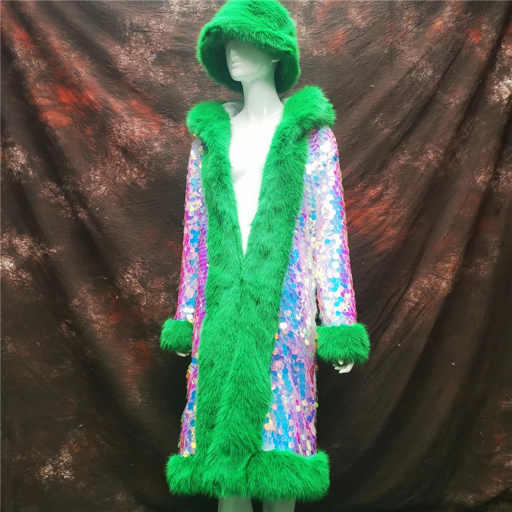 Rainbow Sequined Hooded Long Coat - The Rave Cave