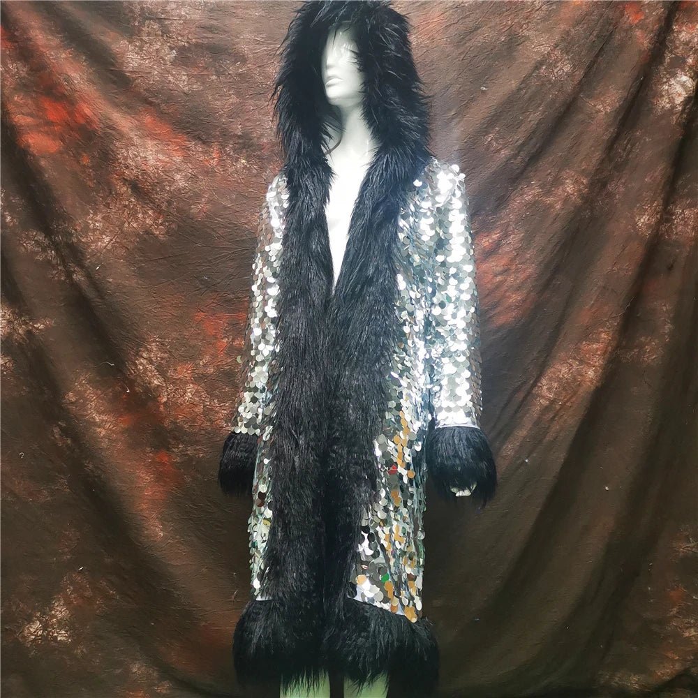 Rainbow Sequined Hooded Long Coat - The Rave Cave