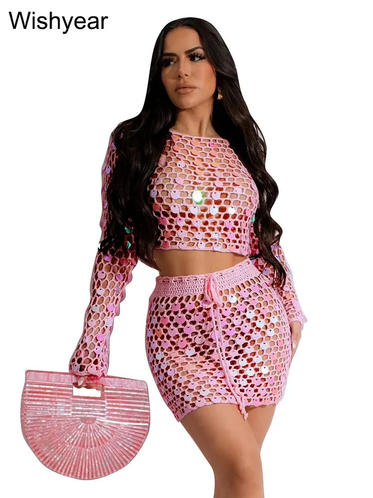 Sexy Hollow Out Beach Sequin Knitted Set - The Rave Cave