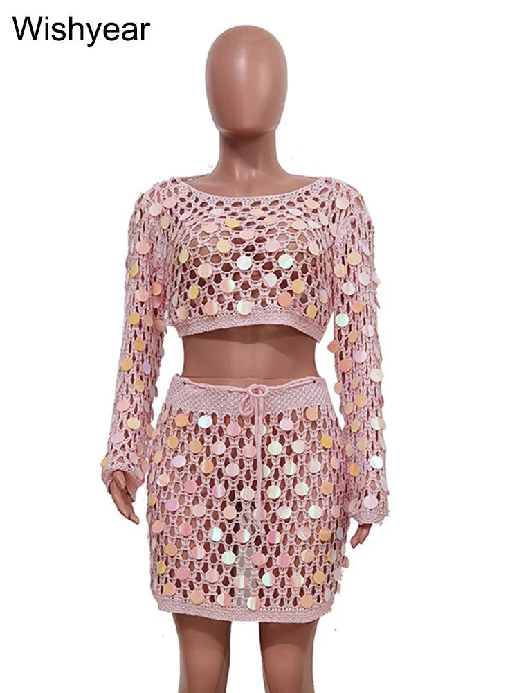 Sexy Hollow Out Beach Sequin Knitted Set - The Rave Cave
