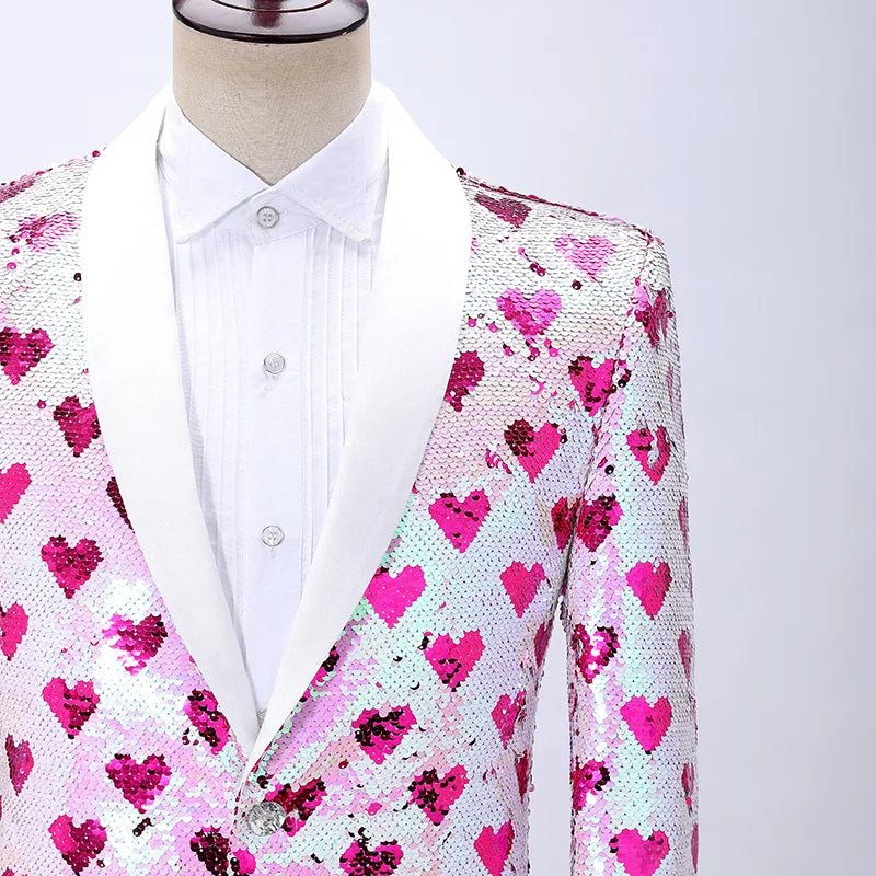 Shining Heart Pattern Double Side Sequin Tuxedo Blazer - The Rave Cave